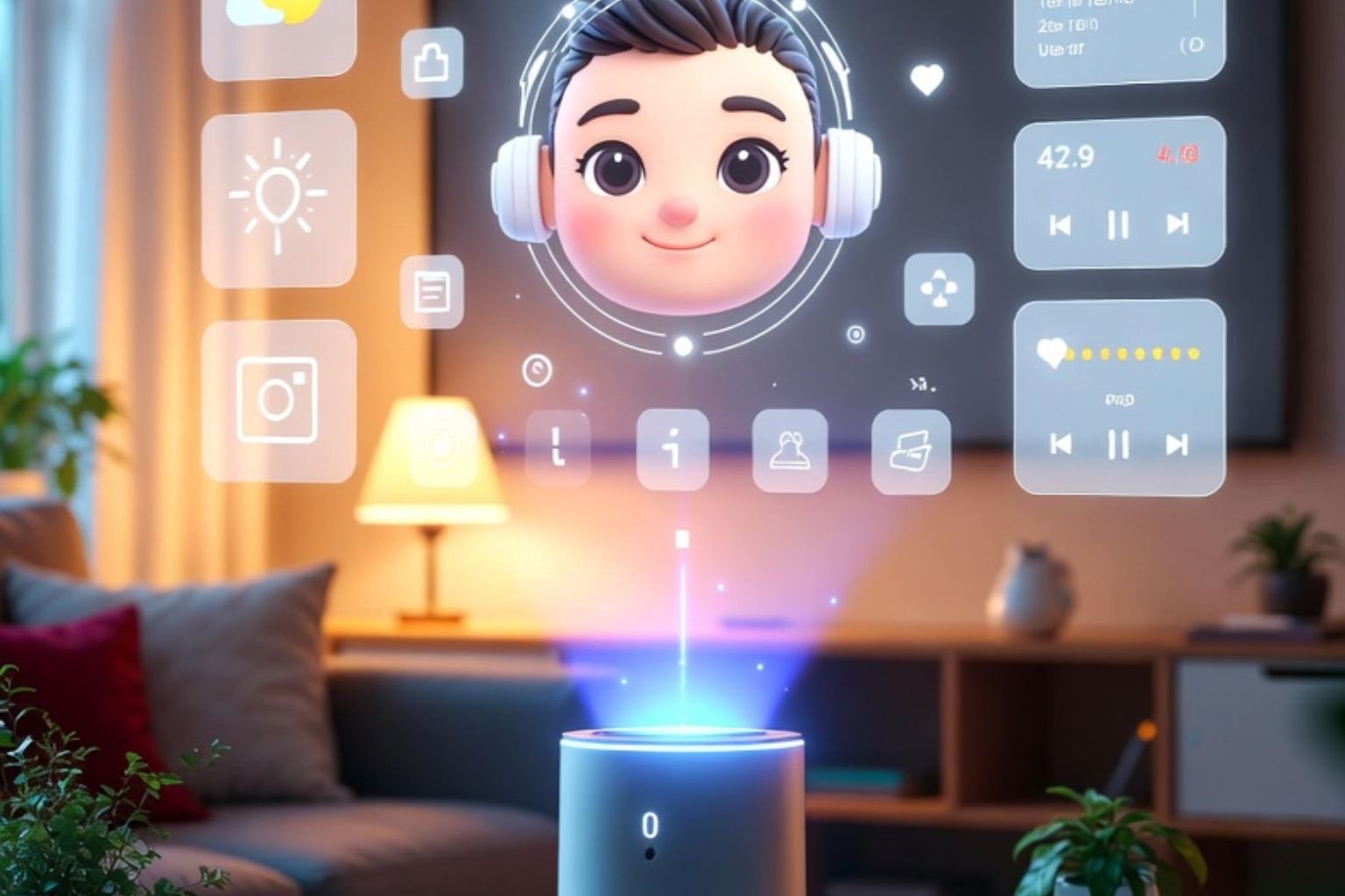 Assistentes virtuais animado com cabeça de menino usando fones de ouvido, holograma futurista projetado de um dispositivo cilíndrico em uma sala de estar, cercado por ícones de apps flutuantes.