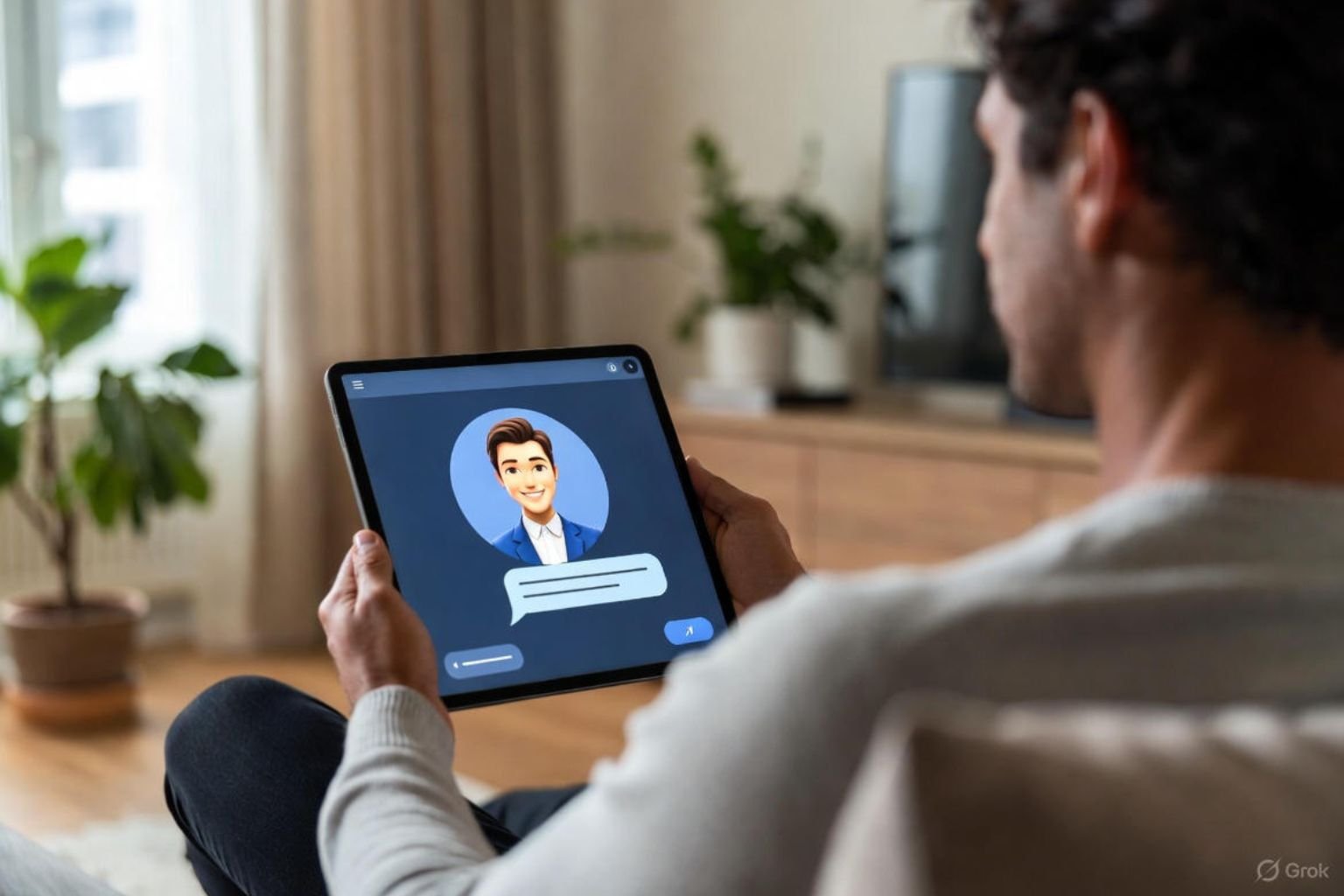 Chatbot no tablet com que as pessoas estão usando sentadas no sofá aconchegante, ilustrando o uso de inteligência artificial para rotinas de meditação e sono em 2025. IA para bem-estar no lar em ambiente doméstico