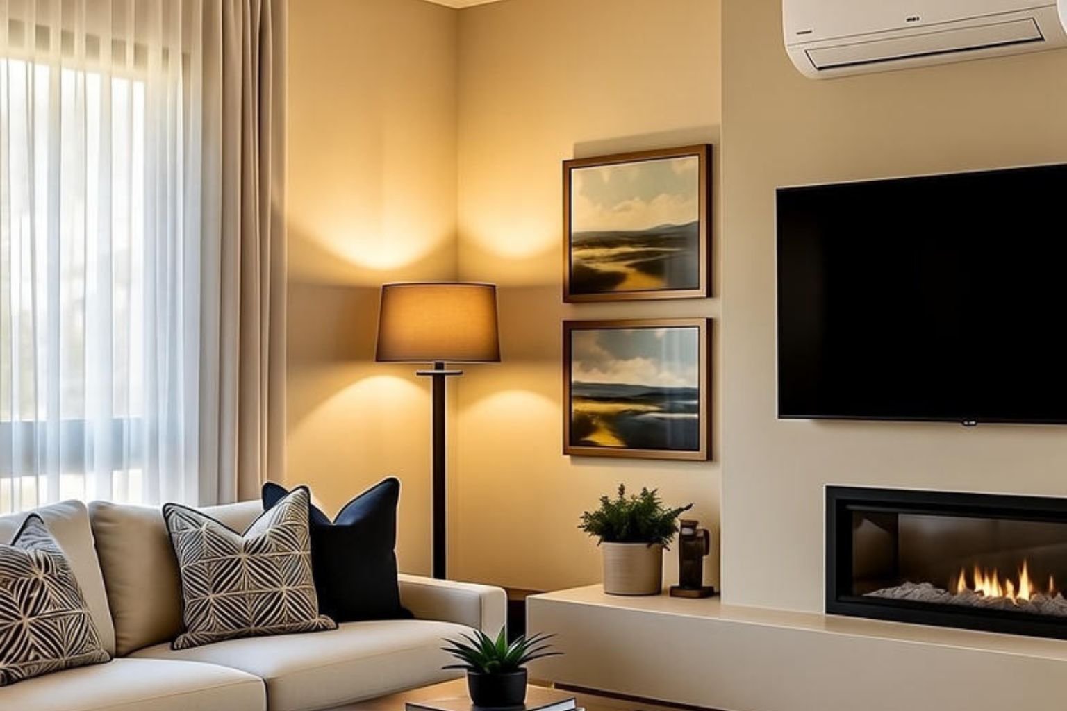 O melhor ar condicionado silencioso e potente, para uma sala de estar pequena e split branco moderno instalado acima da lareira, sofá claro, mesa de centro em madeira escura e decoração minimalista em tons bege e branco. Exemplo perfeito de instalação discreta e elegante em apartamento pequeno