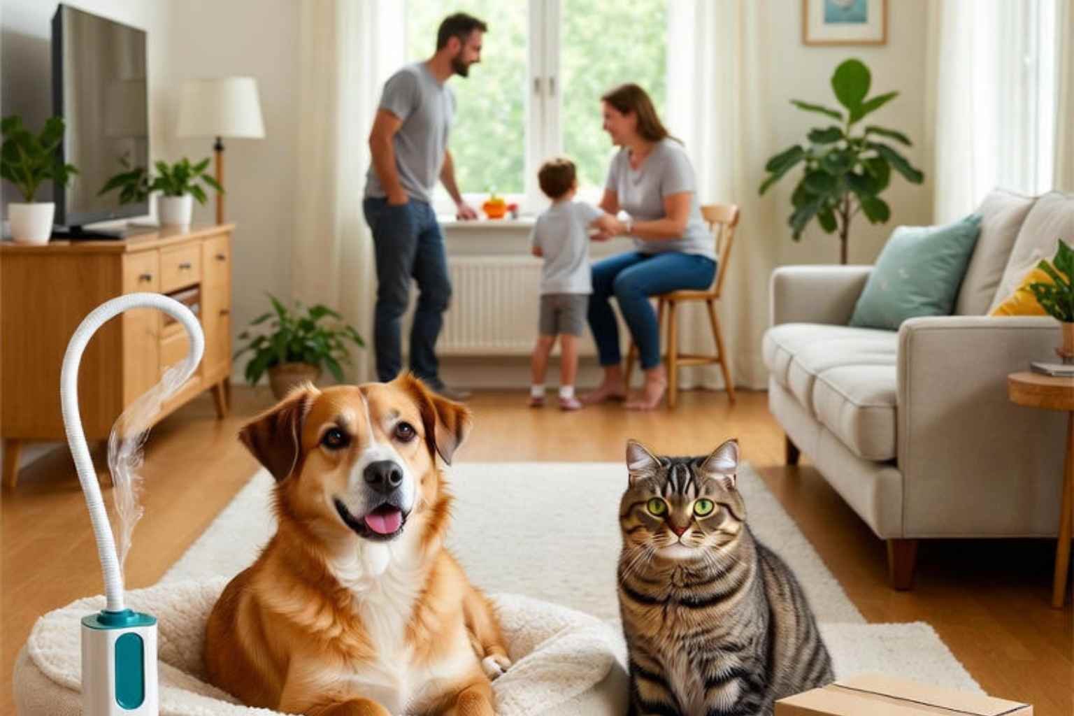 Pets e Lares Felizes: Uma Combinação Perfeita. Um cachorro golden sorridente deitado em uma caminha ao lado de um gato tigrado cinza, ambos no centro de uma sala de estar clara e aconchegante. Ao fundo, desfocado, um casal jovem e uma criança pequena conversam felizes à mesa da cozinha, com muita luz natural e plantas na decoração.