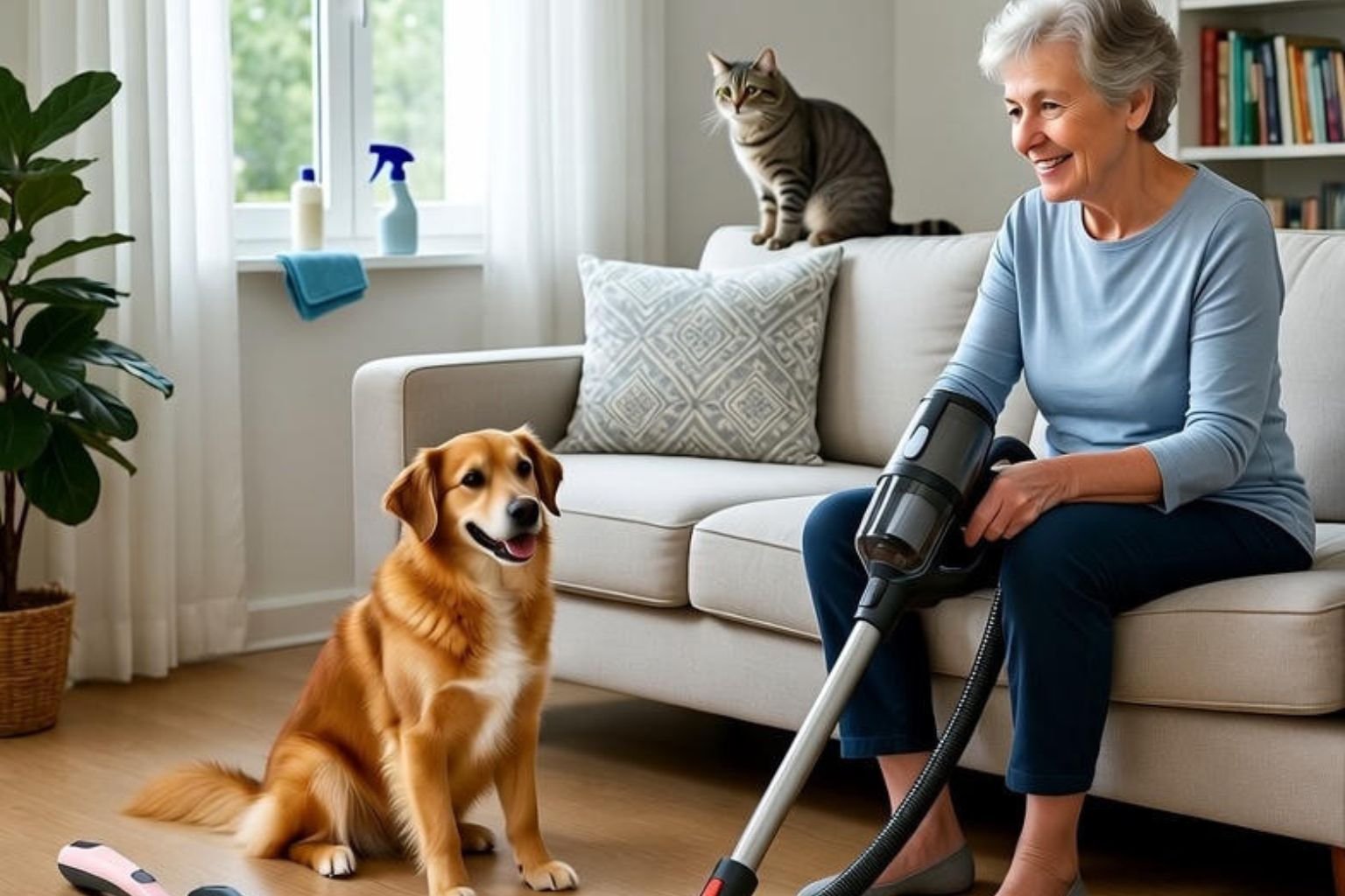 Senhora sorrindo aspira sofá com golden retriever e gato idosos ao lado. Rotina de limpeza gentil para pets idosos.