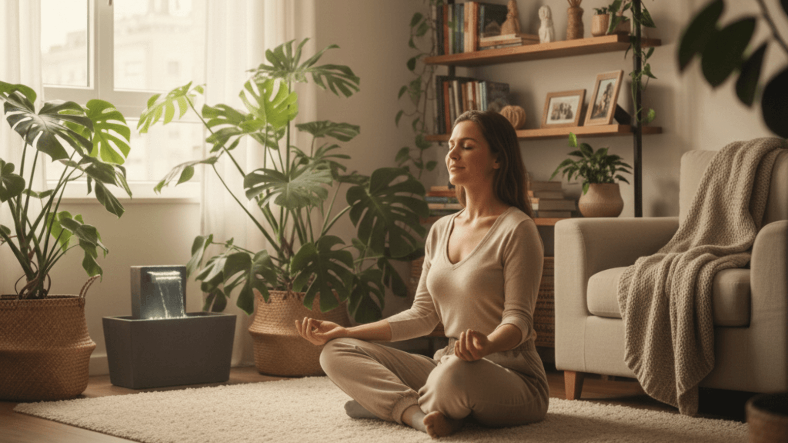 Simbolizando o conceito de Sua Casa, Sua Cura mulher meditando sentada no chão de uma sala de estar iluminada e decorada com muitas plantas verdes.