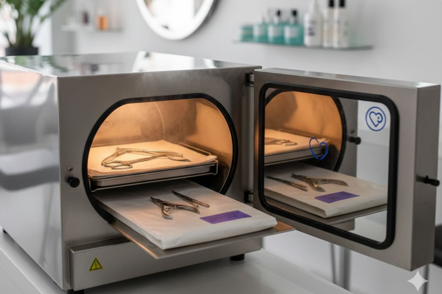 Visão interna de uma autoclave aberta em um ambiente de estética profissional, destacando alicates de cutícula sobre envelopes de esterilização e a importância de cuidar da Autoclave para garantir a biossegurança.