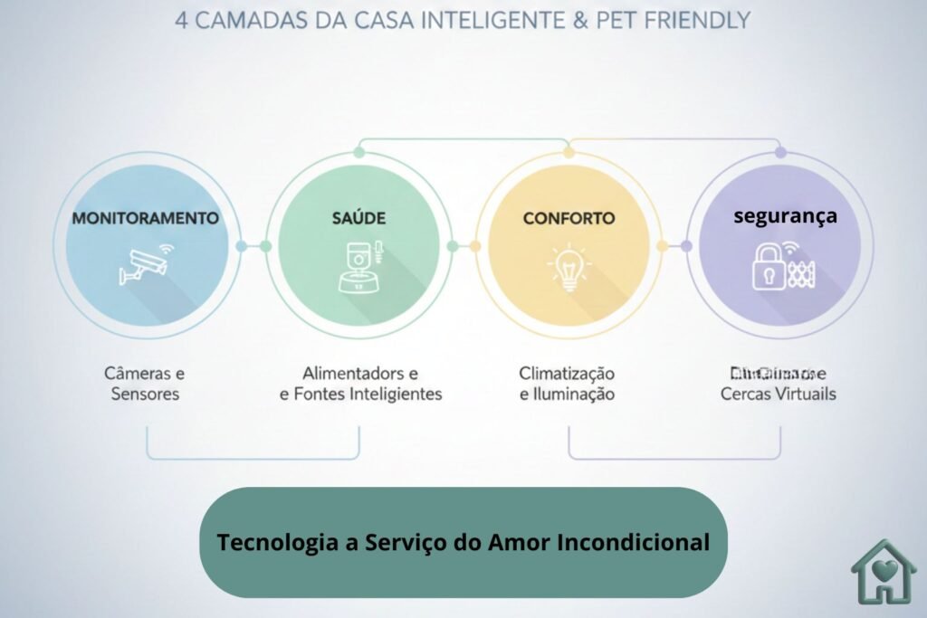 O infográfico servirá como um "resumo visual" para o leitor que está escaneando a página (comportamento comum em compras na Amazon/Shopee). Ele deve mapear as "4 Camadas do Universo do Bem-Estar":

Monitoramento (Câmeras e Sensores).

Saúde (Alimentadores e Fontes Inteligentes).

Conforto (Climatização e Iluminação).

Segurança (Fechaduras e Cercas Virtuais).