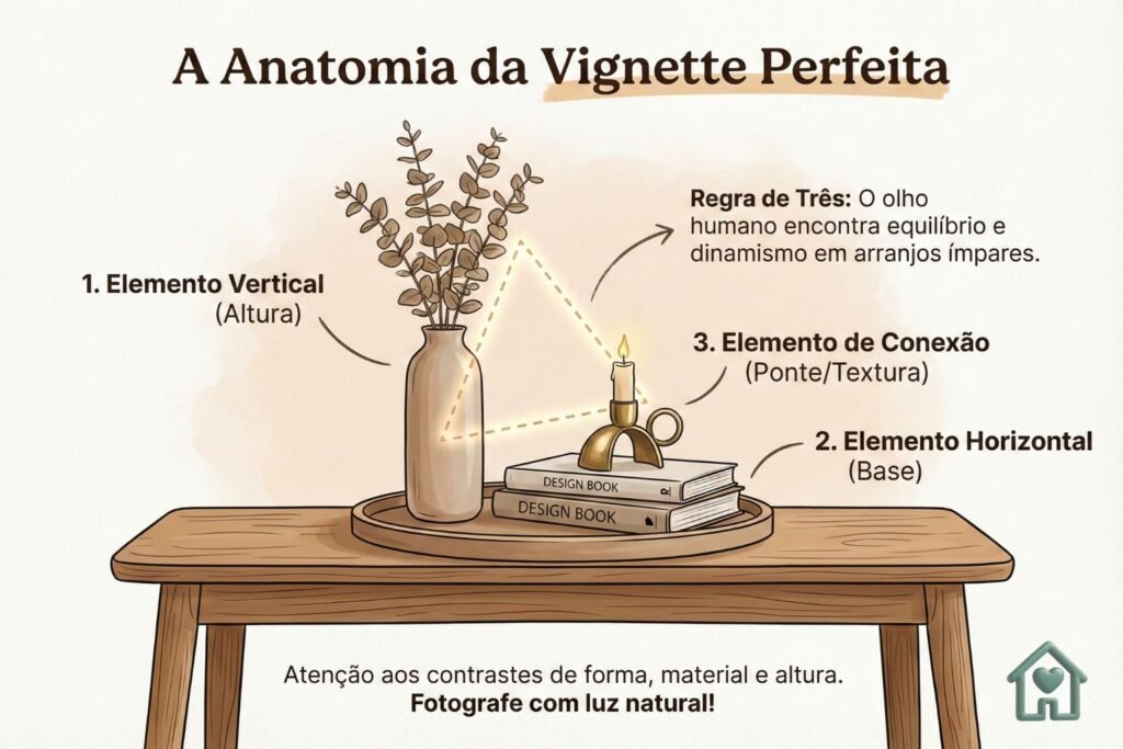 A Anatomia da Vignette Perfeita". Um diagrama mostrando um triângulo imaginário conectando os três objetos de alturas diferentes.