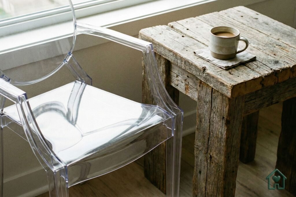 Close-up de uma cadeira de design moderno (como uma Eames ou Ghost Chair) ao lado de uma mesa lateral de madeira rústica desgastada, com uma xícara de café em cima, evidenciando o contraste de texturas