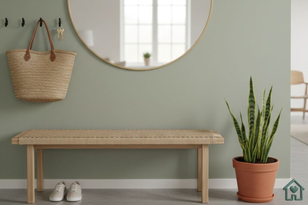 Um hall de entrada minimalista e extremamente organizado, com um banco de madeira clara, ganchos modernos na parede segurando uma bolsa de palha e chaves, um espelho redondo refletindo luz e um pequeno vaso de planta no chão. Estilo escandinavo moderno).