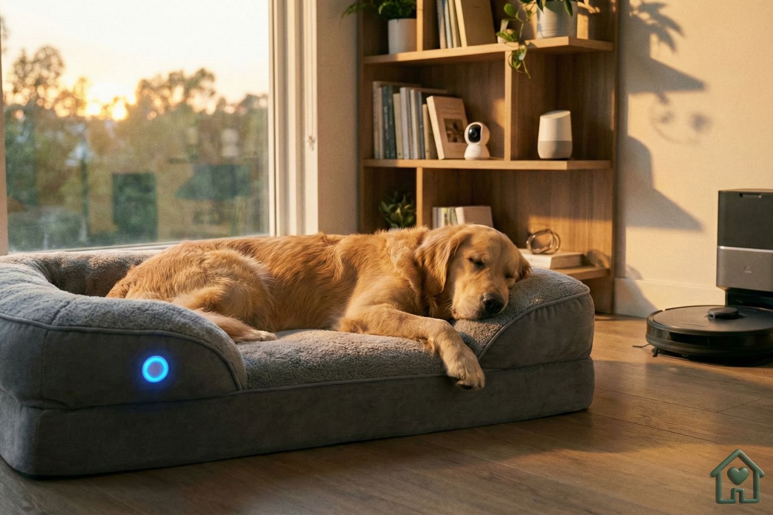 Golden Retriever idoso dormindo confortavelmente em uma cama ortopédica tecnológica dentro de uma sala de estar moderna, equipada com robô aspirador e sistemas de monitoramento, exemplificando o conceito de Casa Inteligente para Pets."