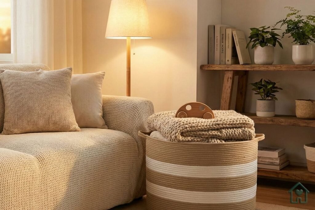 Cesto organizador de corda em sala de estar moderna, exemplificando o método do "reset" noturno.