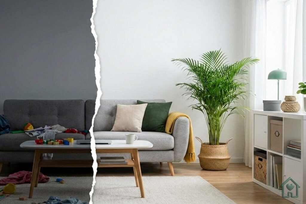 Comparativo sala baguncada versus sala organizada Seu Lar Seu Mundo