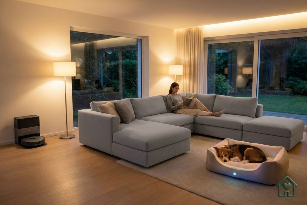 Após o último parágrafo da conclusão. Visual: Uma foto "Hero Shot" em ângulo aberto de uma sala de estar impecável e moderna. Vemos um tutor lendo um livro no sofá (intacto), um robô aspirador na base, e um pet dormindo profundamente em sua cama inteligente. A iluminação é quente e acolhedora. Transmite a mensagem final: "Tecnologia traz paz".