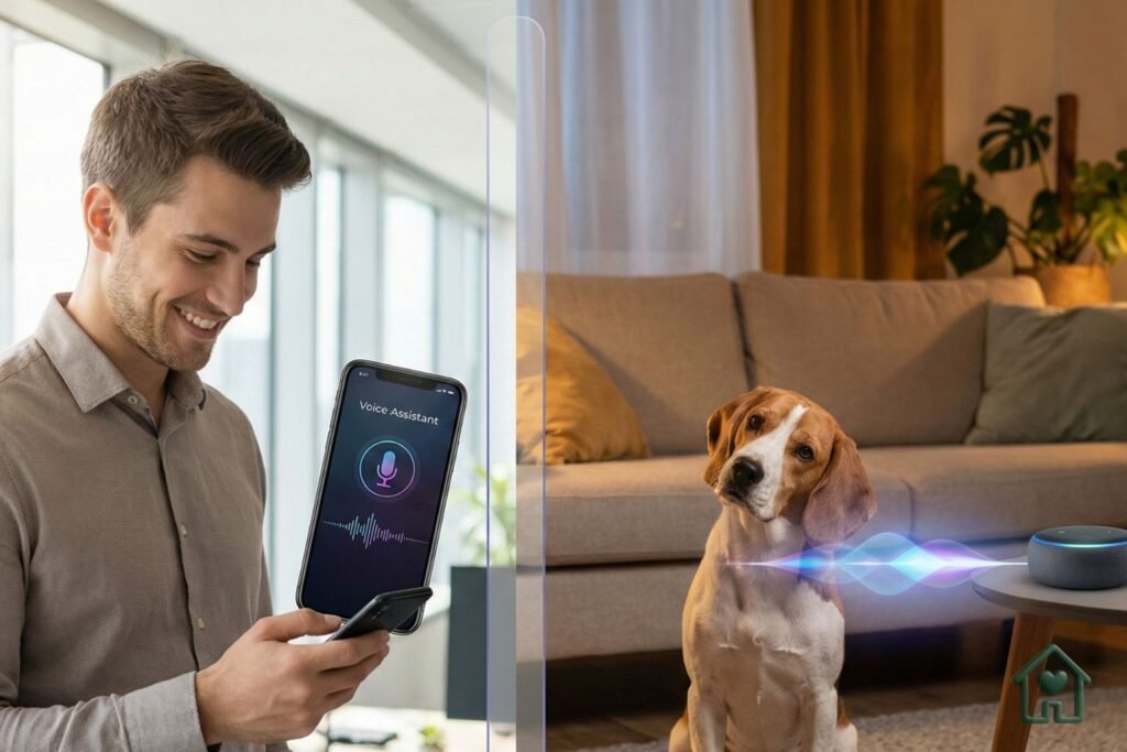 Uma composição dividida (split screen) ou integrada criativamente. De um lado, um homem jovem em um escritório olhando para o celular sorrindo (interface do app de voz). Do outro lado, em um ambiente doméstico aconchegante, um cão olhando curiosamente para um Smart Speaker (Echo Dot) de onde sai uma "onda sonora" suave (representação gráfica de som), sugerindo que ele está ouvindo a voz do dono.