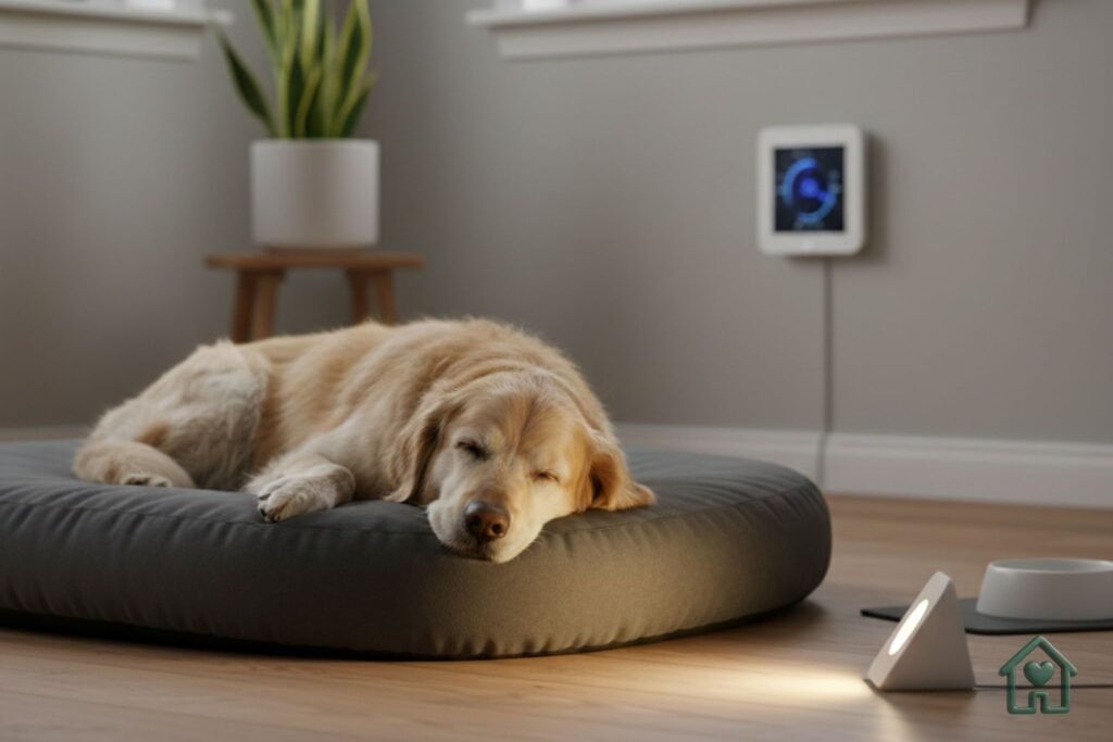 Uma imagem de um cão ou gato idoso, deitado confortavelmente em uma cama ortopédica, com uma luz suave de um balizador LED iluminando o caminho próximo a ele, e um termostato inteligente discreto ao fundo. A ideia é mostrar serenidade e conforto proporcionados pela tecnologia.