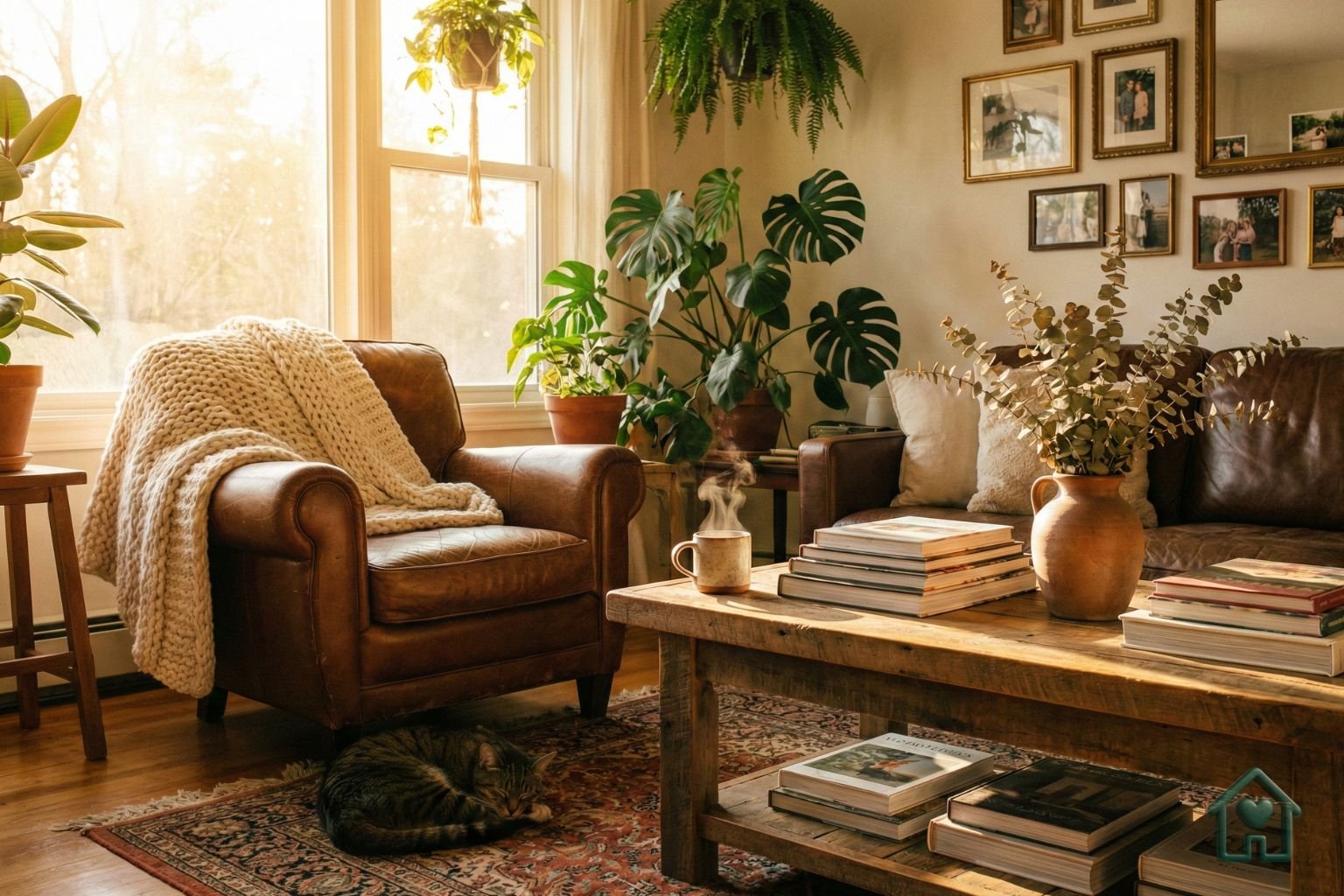 Sala de estar acolhedora iluminada pela golden hour com móveis vintage, plantas e objetos pessoais, exemplificando a Decoração Afetiva e o conforto no lar.