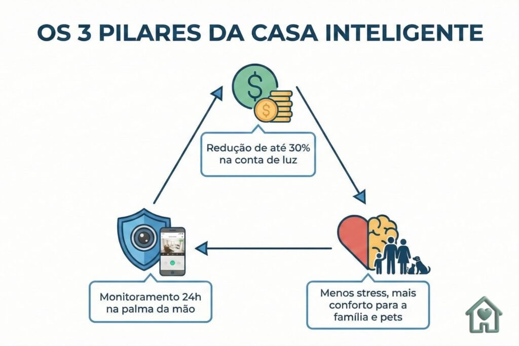 Infográfico explicando as três vantagens principais da automação residencial: economia de energia, segurança monitorada e redução da carga mental.