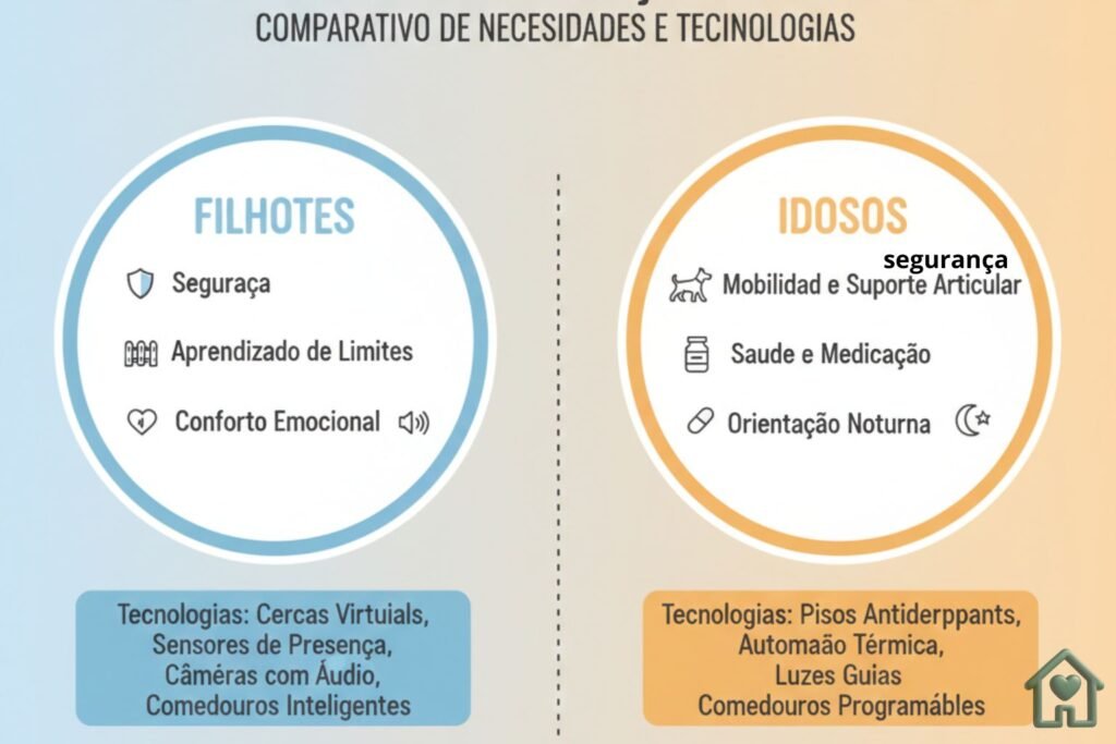 Fase do Pet	Principal Necessidade	Soluções Tecnológicas Essenciais	Onde Encontrar (Links de Afiliado)
Filhote	Segurança e Aprendizado	Cercas Virtuais, Sensores de Presença, Câmeras com Áudio Bidirecional, Dispensadores de Petiscos	Cercas Virtuais na Amazon, Câmeras Pet na Shopee
Idoso	Mobilidade e Conforto Articular	Pisos Antiderrapantes (LVT), Automação Térmica (Termostatos Smart), Luzes Guias LED, Comedouros Programáveis	Pisos LVT na Amazon, Termostatos Smart na Shopee