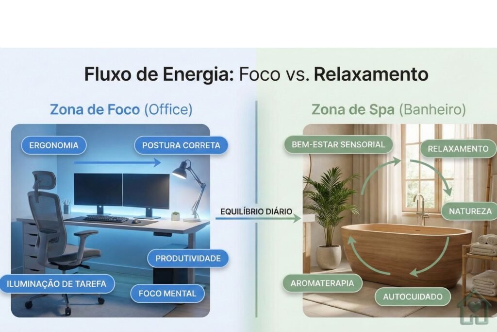 Um infográfico comparativo. À esquerda, "Zona de Foco" (Office) com tons de azul e tags de ergonomia. À direita, "Zona de Spa" (Banheiro) com tons de verde sálvia, elementos de madeira e tags de bem-estar sensorial).