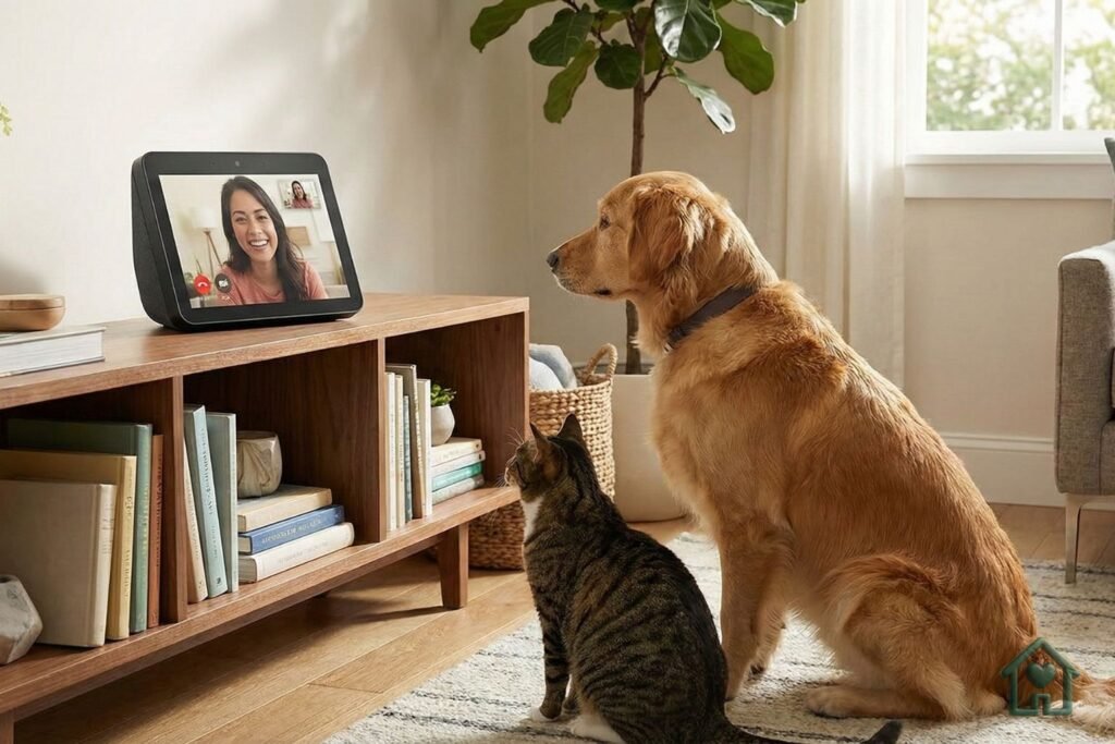 Um dispositivo Echo Show 5 ou 8 (com tela) apoiado em uma estante baixa. Na tela do dispositivo, vê-se o rosto de uma pessoa sorrindo (como se fosse uma videochamada). Em frente ao dispositivo, um gato ou cachorro olha curiosamente para a tela.