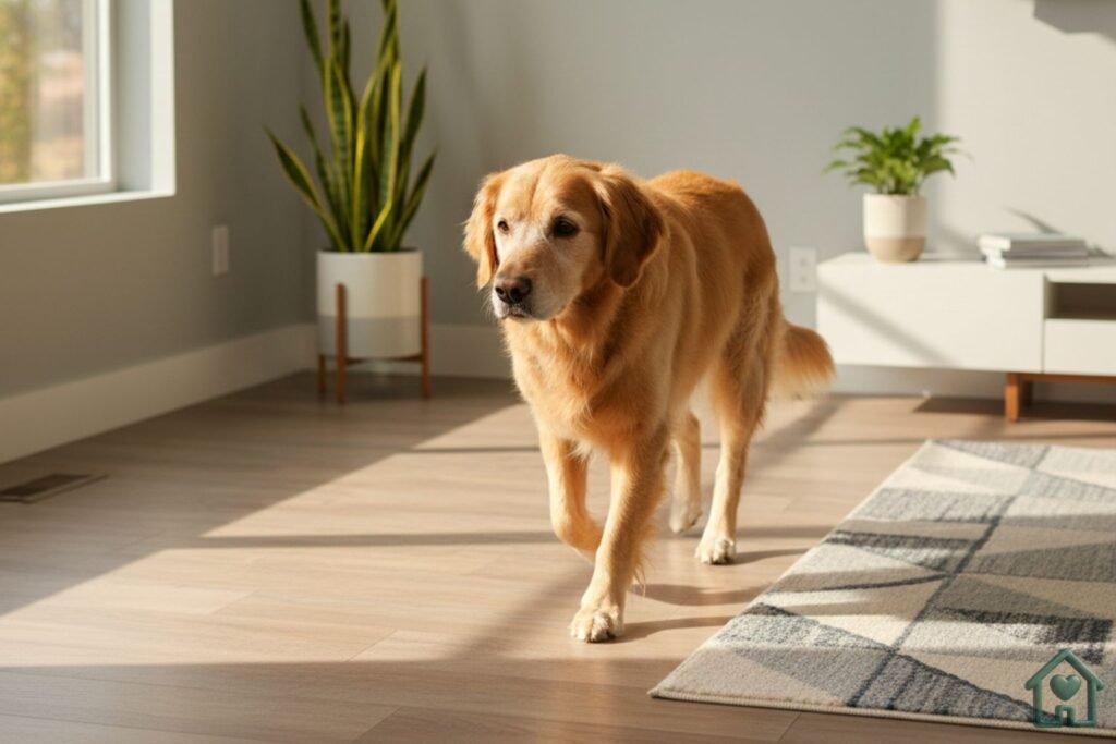 Um Golden Retriever idoso caminhando com confiança sobre um piso vinílico de textura amadeirada, com uma passadeira antiderrapante estilosa ao lado, em uma sala iluminada e moderna.