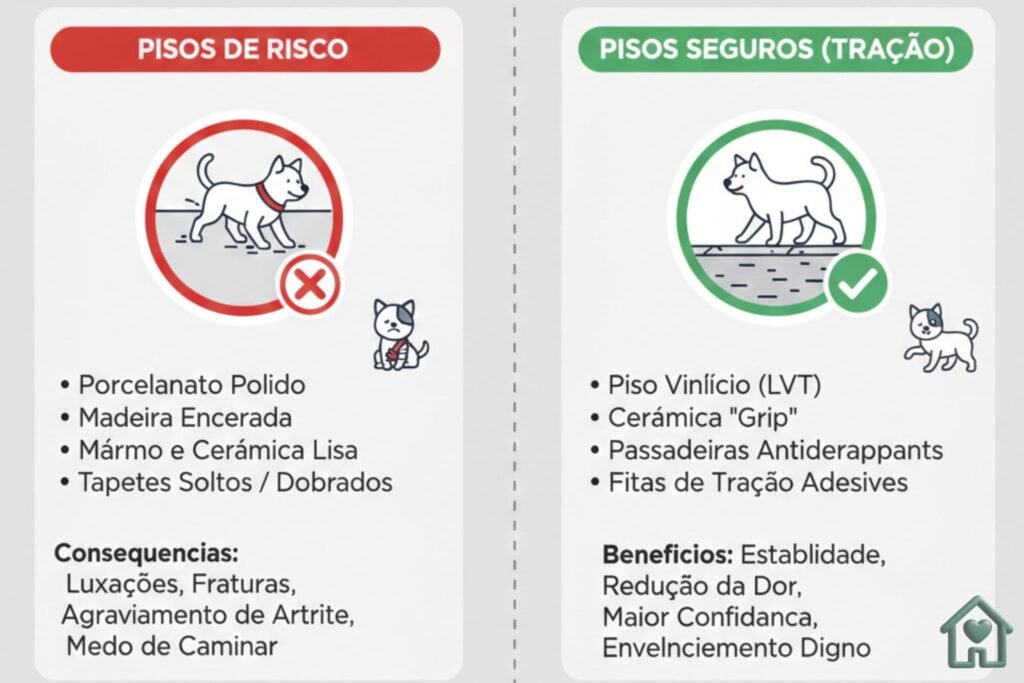 Guia de Segurança de Solo: O Piso Certo para Cada Fase". Um comparativo visual entre pisos polidos (risco) e pisos com tração (segurança).