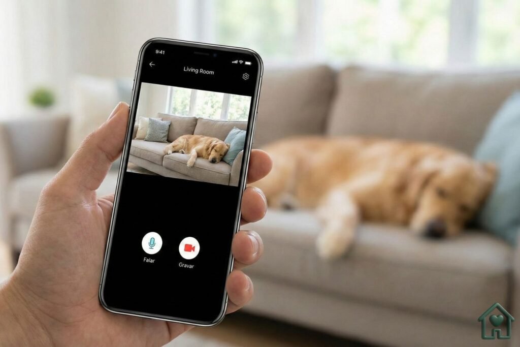 Uma mão segurando um smartphone. Na tela do celular, vê-se a imagem de uma sala de estar com um cachorro deitado no sofá (visão da câmera de segurança). Sobre a imagem, ícones de "Microfone" (para falar) e "Gravar" estão visíveis. Ao fundo, fora de foco, a própria sala real.