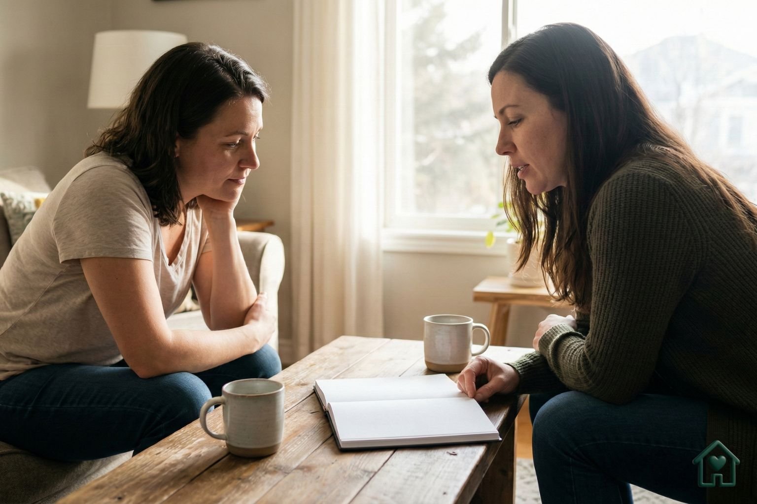 Duas amigas em uma conversa empática e acolhedora sobre saúde mental, com um caderno em branco sobre a mesa, ilustrando o tema do Janeiro Branco.