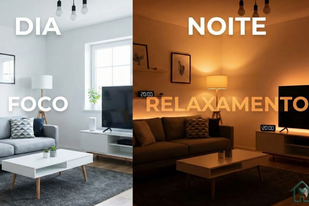 Uma imagem dividida ao meio.

Lado Esquerdo (Dia): Uma sala de estar iluminada com luz branca clara e vibrante. Um relógio digital marca 10:00 AM. A palavra "FOCO" está sutilmente sobreposta.

Lado Direito (Noite): A mesma sala, mas agora com iluminação âmbar/amarelada suave e acolhedora. O relógio marca 20:00 PM. A palavra "RELAXAMENTO" está sobreposta.