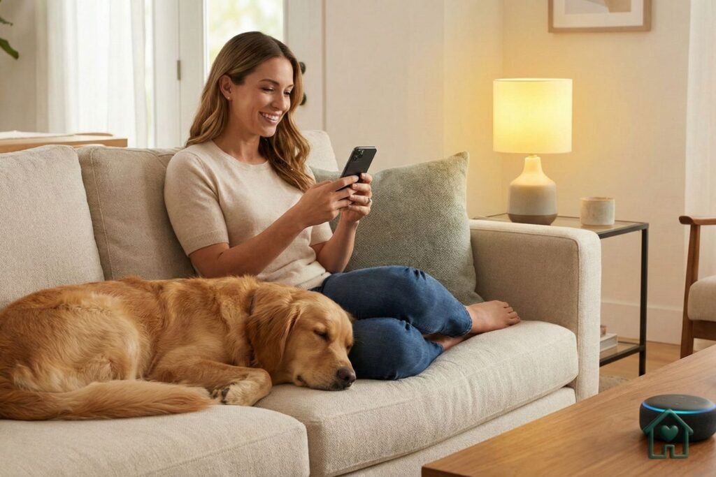 Uma foto de alta qualidade, bem iluminada, mostrando uma pessoa relaxada no sofá usando o celular, enquanto um cachorro dorme tranquilamente ao lado. Ao fundo, uma lâmpada inteligente com luz amarelada (aconchegante) e um dispositivo Echo Dot (Alexa) visível na mesa de centro.