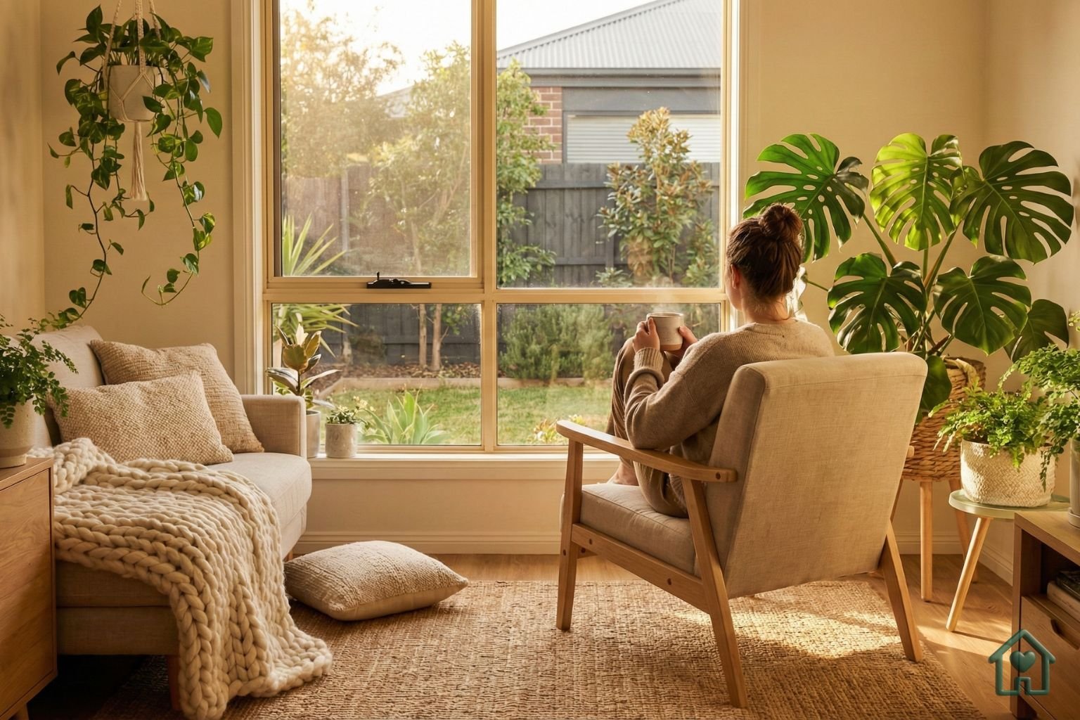 Mulher relaxando em uma sala de estar ensolarada e cheia de plantas, ilustrando a aplicação prática dos princípios de Neuroarquitetura e Saúde Mental para o bem-estar doméstico.
