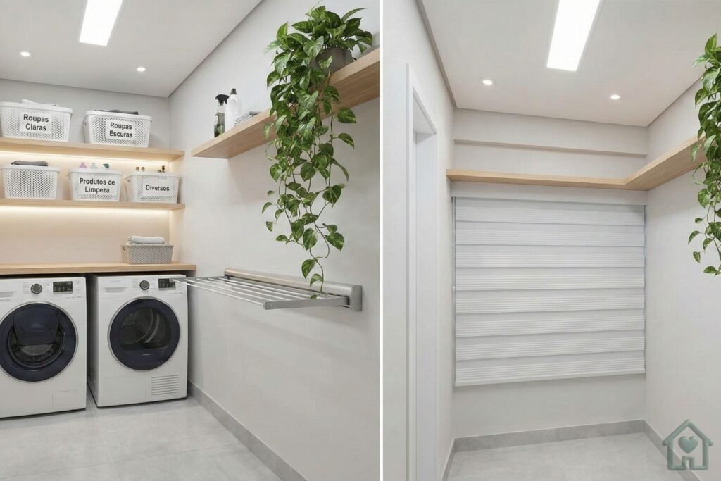Uma lavanderia moderna e compacta, extremamente organizada. Máquina de lavar frontal, prateleiras de madeira clara com cestos brancos identificados ("Roupas", "Produtos"), um varal retrátil discreto e uma planta pendente (Jiboia) trazendo vida ao ambiente técnico. Iluminação clara e limpa).