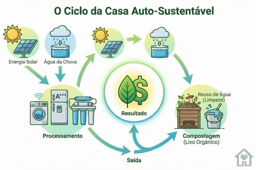Um diagrama de fluxo circular. 1. Entrada: Energia Solar e Água da Chuva. 2. Processamento: Uso eficiente em Eletros A+++ e Filtros. 3. Saída: Compostagem (Lixo Orgânico) e Reuso de Água (Limpeza). 4. Resultado: Sifrão de Dinheiro ($) e Folha Verde (Ecologia) no centro).