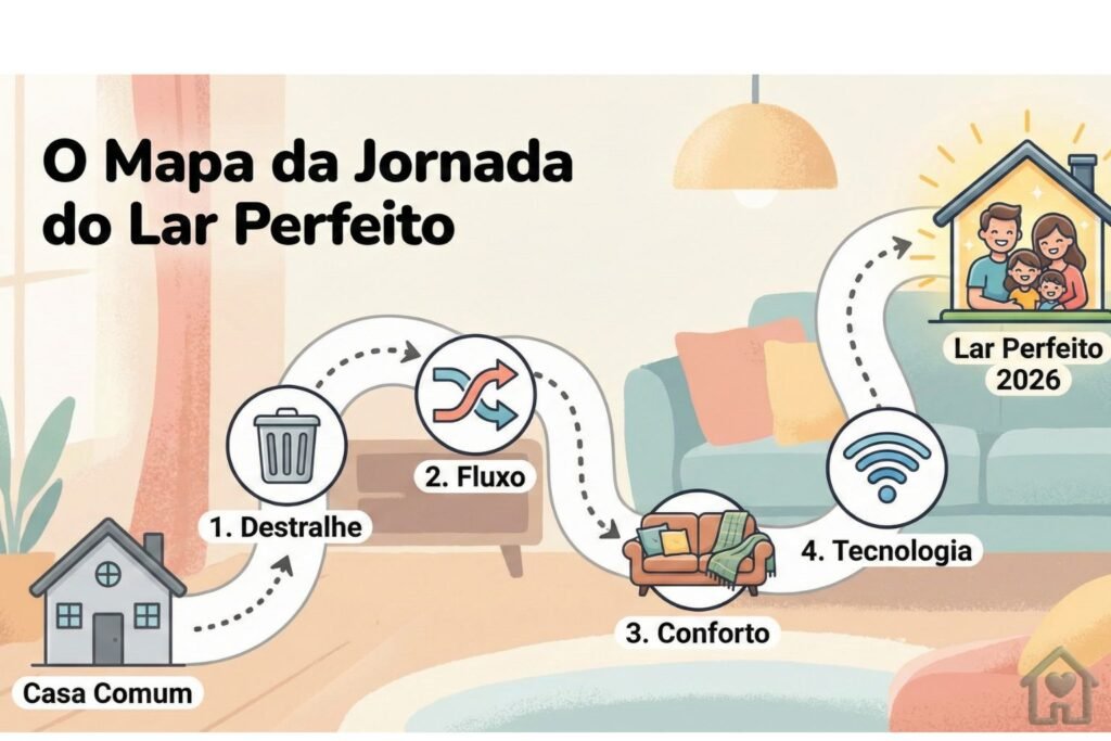 Um "Roadmap" ou caminho sinuoso estilo jogo de tabuleiro. Início: "Casa Comum". Pontos de parada (Milestones): 1. Destralhe (Ícone de lixeira), 2. Fluxo (Ícone de setas), 3. Conforto (Ícone de sofá), 4. Tecnologia (Ícone de Wi-Fi). Chegada: "Lar Perfeito 2026" (Ícone de uma casa brilhando com uma família feliz).