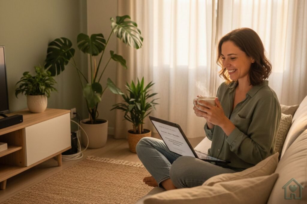 Uma pessoa sentada confortavelmente em sua sala renovada, segurando uma xícara de chá e sorrindo, com um tablet no colo mostrando o blog "Seu Lar, Seu Mundo". O ambiente ao redor reflete todas as dicas: luz quente, plantas, organização impecável e tons suaves. A imagem transmite realização e paz).