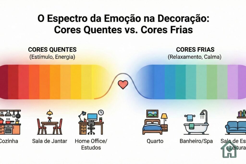 O Espectro da Emoção: Cores Quentes (Estímulo) vs. Cores Frias (Relaxamento)". Um gradiente visual com ícones indicando o cômodo ideal para cada tom.)