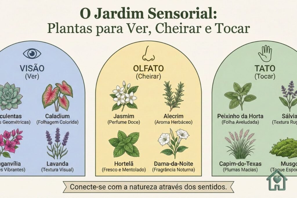 O Jardim Sensorial: Plantas para Ver, Cheirar e Tocar". Um guia visual categorizando espécies por estímulo.
