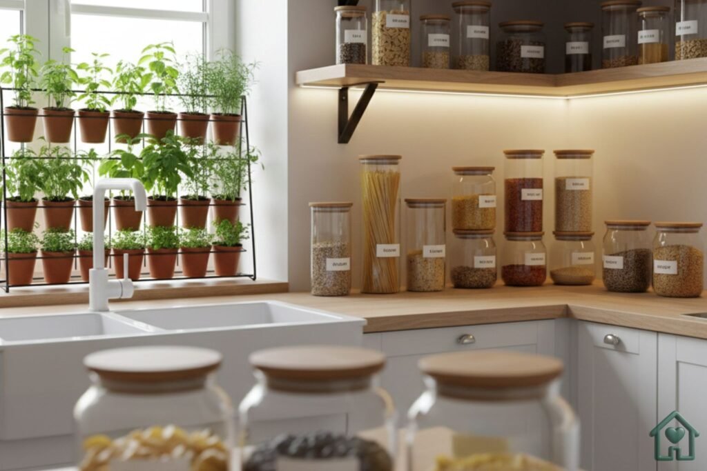 Uma cozinha moderna com iluminação LED sob os armários, potes de vidro organizados em prateleiras de madeira e uma horta vertical de temperos na janela. O ambiente deve ser limpo, iluminado e extremamente funcional).