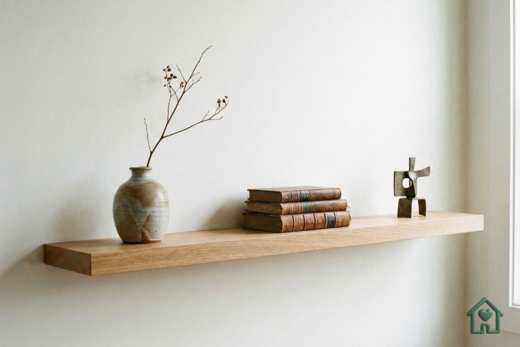 Uma estante ou prateleira flutuante decorada usando a técnica do espaço negativo. Poucos objetos significativos, bem espaçados, mostrando que o vazio também decora.