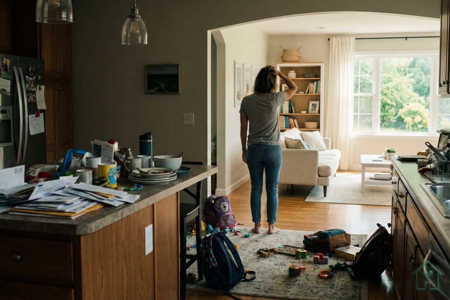 Mulher parada entre um cômodo bagunçado e outro limpo, representando o impacto da Organização da Casa e Saúde Mental e a redução da ansiedade visual no lar.