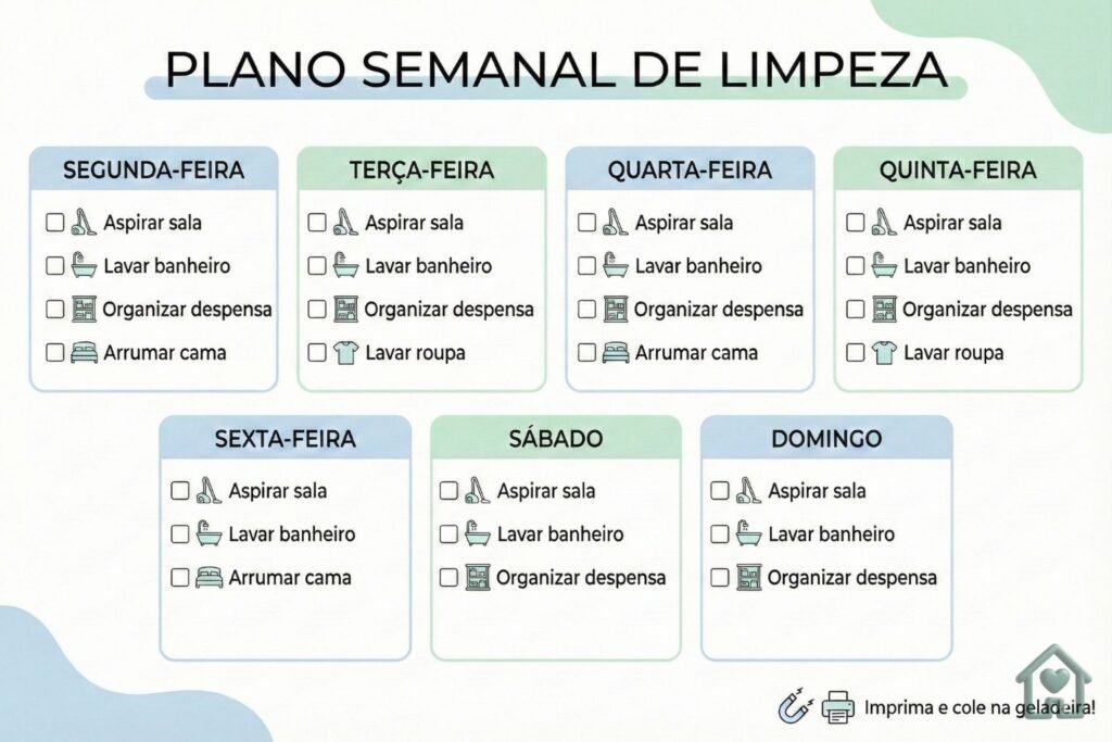 Tabela de cronograma de limpeza semanal dividido por dias para otimização de tempo.