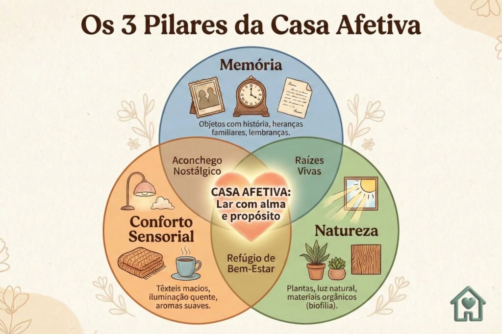 Os 3 Pilares da Casa Afetiva: Memória, Conforto Sensorial e Natureza" - Um diagrama de Venn mostrando a interseção desses três pontos.