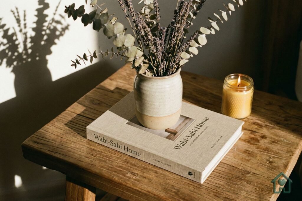 Um close-up (detalhe) de uma mesa lateral com 3 objetos: Um livro de capa dura deitado, um vaso com flores secas em cima do livro e uma vela acesa ao lado. A luz da tarde bate criando sombras interessantes.