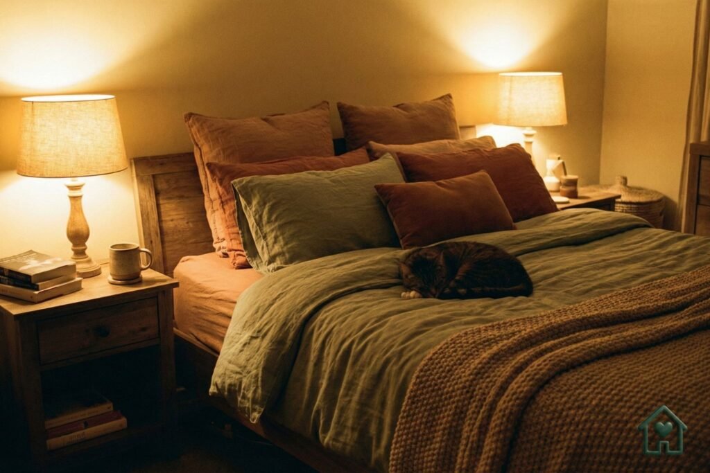 Um quarto aconchegante iluminado apenas por abajures com luz amarela quente (2700K), destacando roupas de cama em tons de verde sálvia e terracota. Sensação de "ninho".