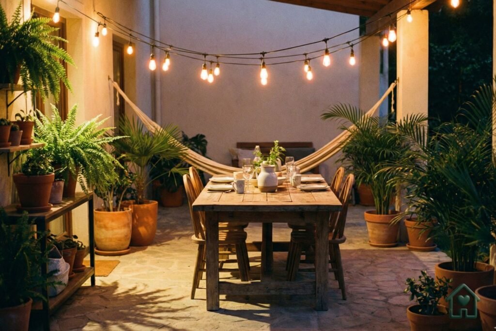 Uma varanda ou quintal ao anoitecer, iluminado por um cordão de luzes (varal de lâmpadas) sobre uma mesa de madeira, com vasos de plantas ao redor criando sombras acolhedoras.