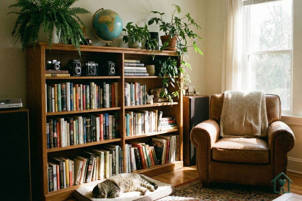 Uma sala de estar iluminada por luz natural, mostrando uma estante com livros, um objeto antigo de destaque e plantas, transmitindo a sensação de "casa vivida" e não de showroom.