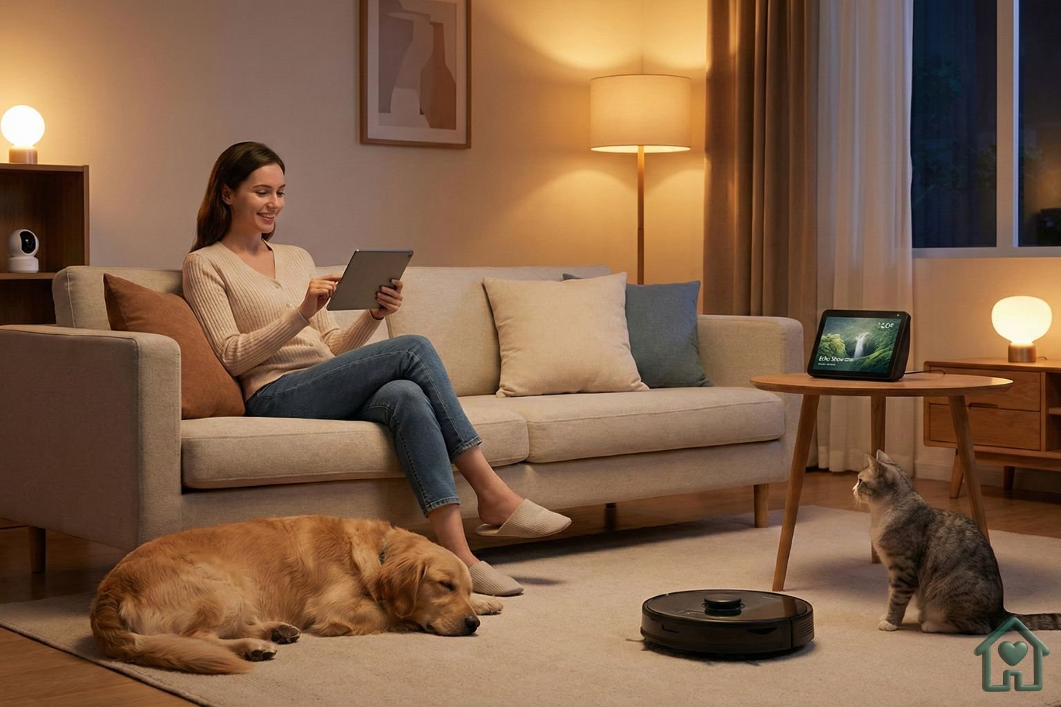 Ambiente de sala de estar automatizada com mulher controlando tablet, cachorro dormindo e gato interagindo com robô aspirador, exemplificando uma configuração de Casa Inteligente para Iniciantes.