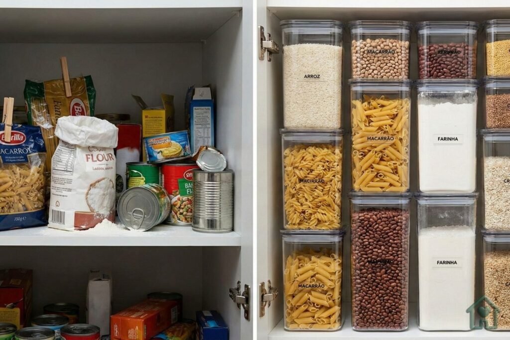 Comparação de despensa desorganizada versus despensa otimizada com potes herméticos para preservação de alimentos.