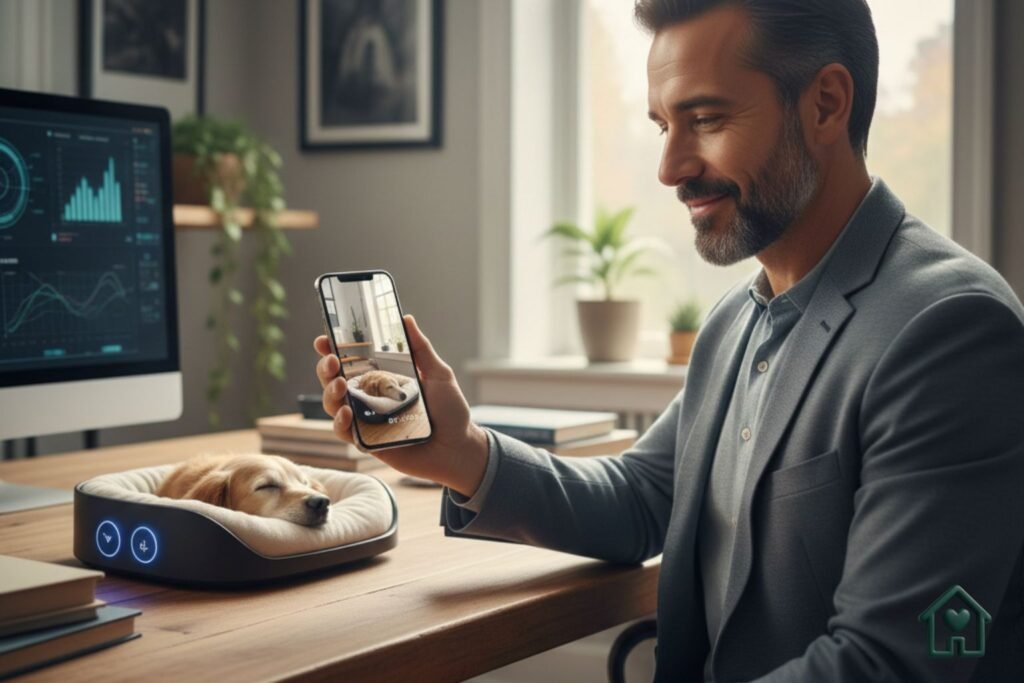 Esta foto precisa evocar a conexão emocional e o estilo de vida de alta performance. Sugestão de Imagem: Uma foto de alta qualidade que mostre um tutor em um escritório moderno, visualizando pelo smartphone a imagem de um pet (filhote ou idoso) descansando em uma cama com design integrado, sob uma luz suave. Isso valida visualmente o conceito de "estar presente mesmo estando longe".