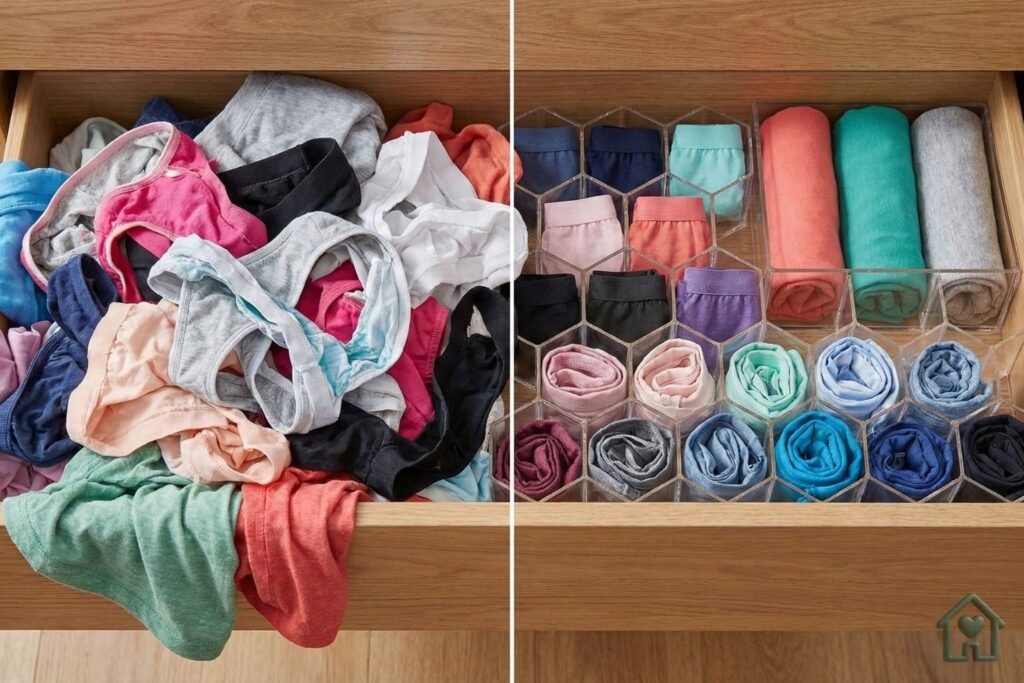 Comparativo de gaveta bagunçada versus organizada com colmeias separadoras, mostrando otimização de espaço.