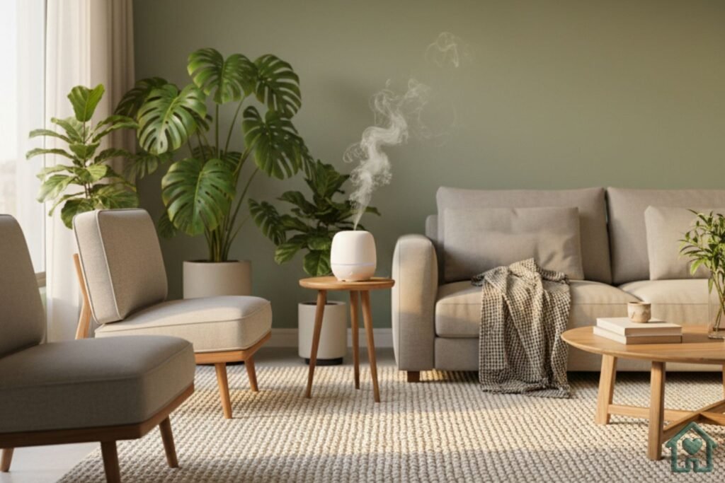 Uma sala de estar moderna e aconchegante com luz quente lateral, muitas plantas verdes naturais, um difusor de aromas soltando uma névoa suave e um tapete de fibras naturais que une todos os móveis. O ambiente deve transmitir paz e ordem).