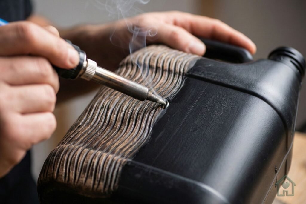 Processo de texturização térmica em vaso de plástico reciclado usando ferro de solda para criar acabamento estilo cerâmica.